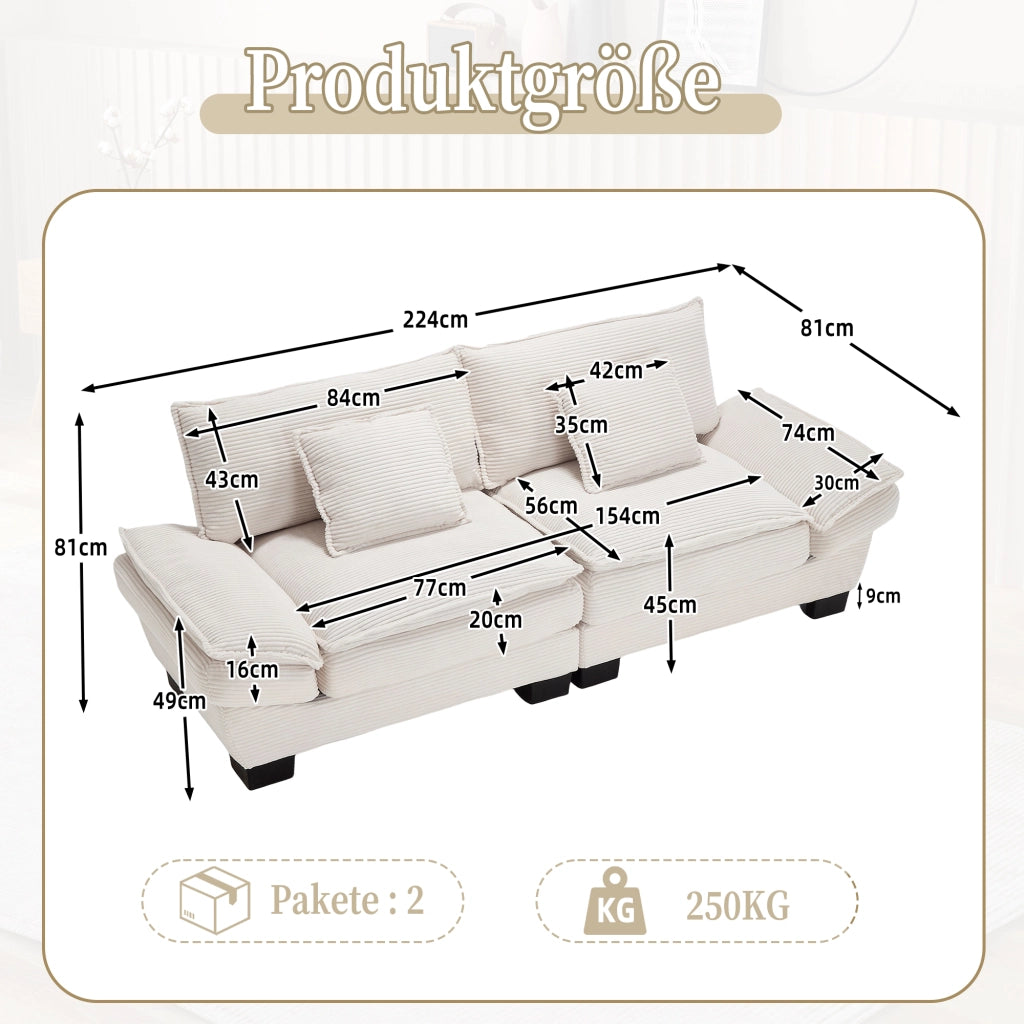 OKWISH Divano Lineare 2 Posti con Seduta Ultra Profonda, Braccioli Imbottiti e 2 Cuscini, Velluto Beige