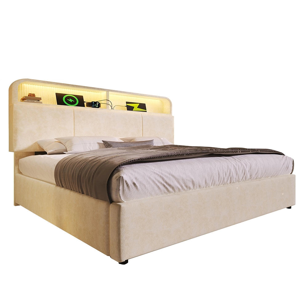 Letto 140x200cm?- Xylo - idraulico LED USB velluto beige