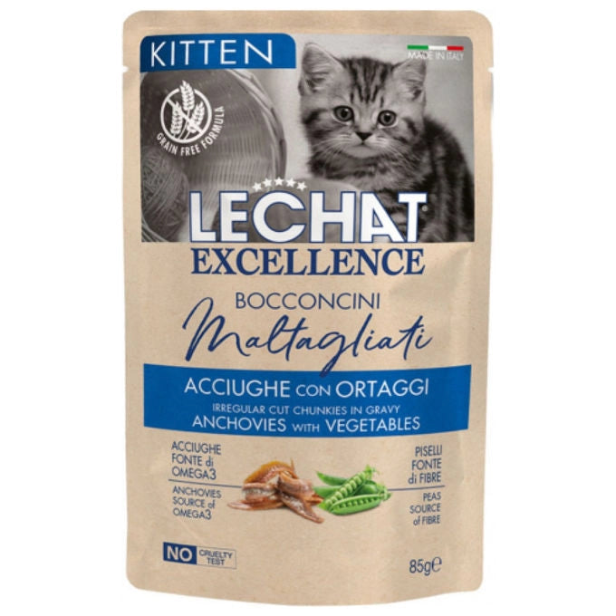 LeChat Excellence Kitten Cibo Umido Bocconcini Acciughe con Ortaggi in Salsa 85 g