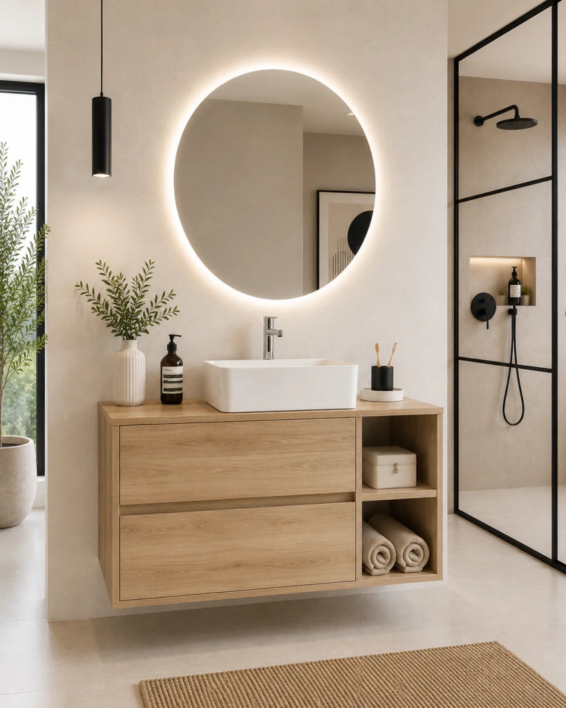 Mobile bagno con top in legno e lavabo da appoggio ORIGENBATH ZEUS senza specchio 120x45 cm 1 vasca Destra Estepa