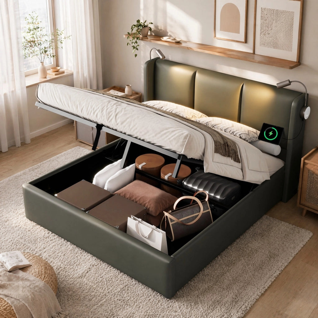 LETTO imbottito 160x200 cm in PU grigio con rete e luce da lettura