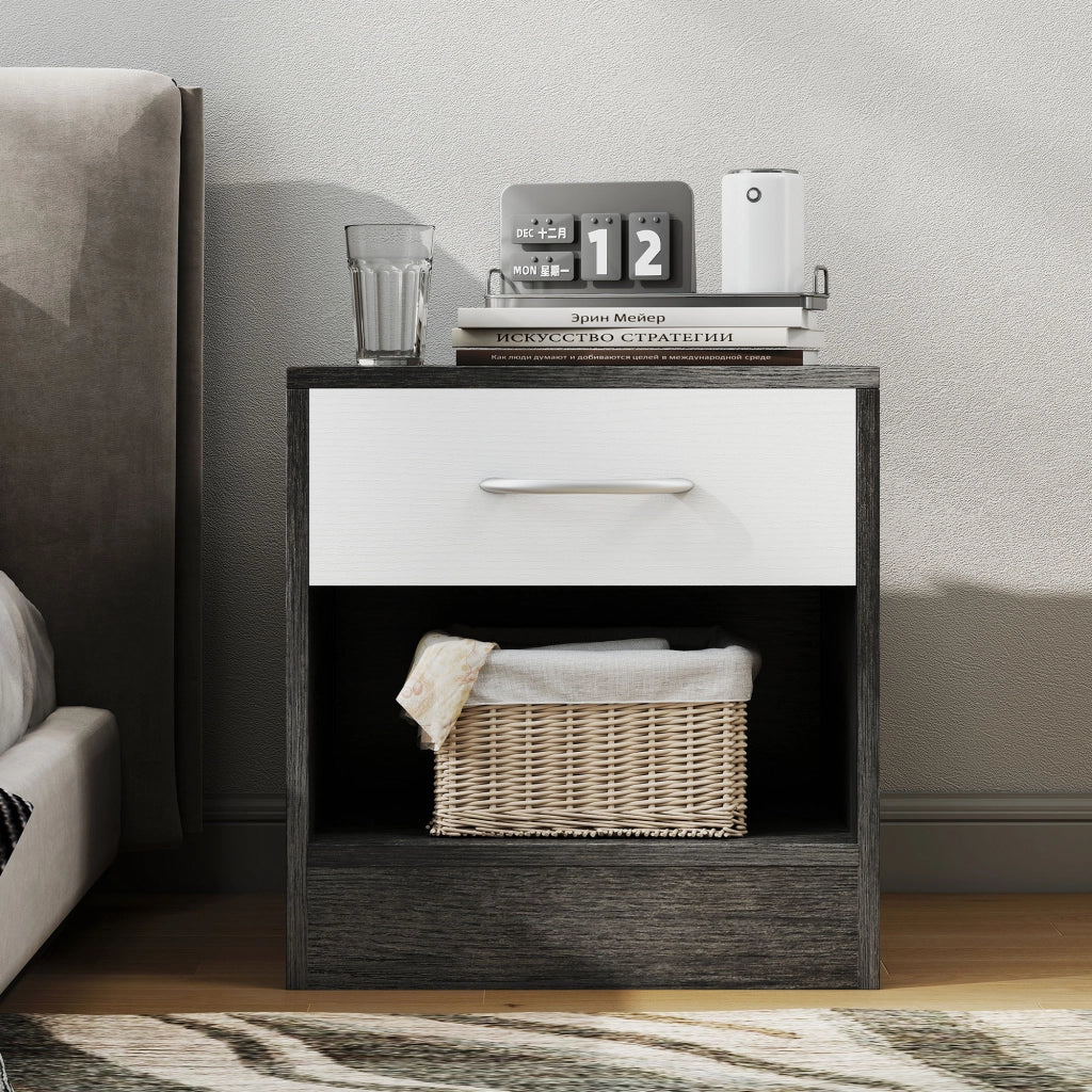 Comodini Moderni con Cassetto e Ripiano Aperto ¨C zephmum ¨C Legno, Bianco e Grigio Scuro, 39x28x41 cm