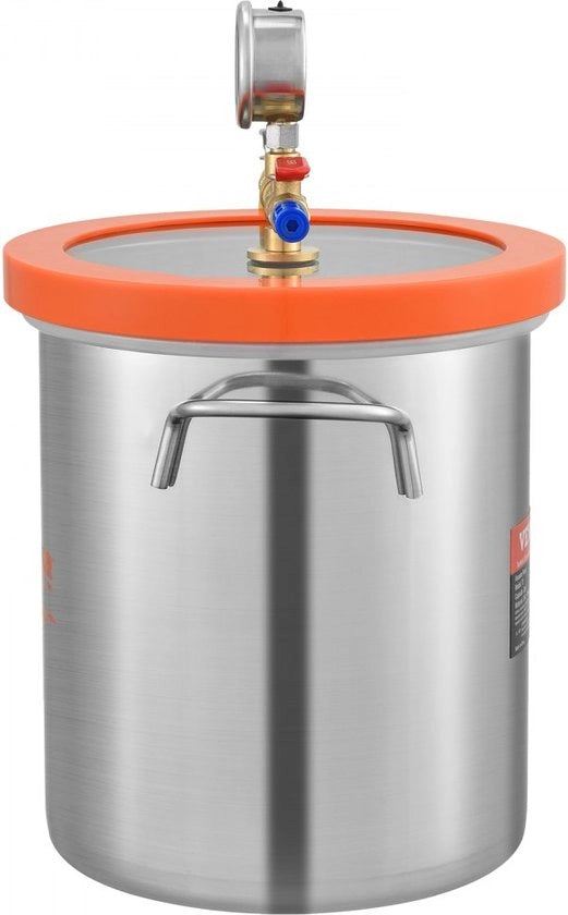 Vacuumcamera in acciaio inossidabile da 19 L (diametro 28 cm, altezza 30 cm) con pompa a vuoto, ideale per la stabilizzazione del legno e l'evacuazione di siliconi, resine, poliuretani