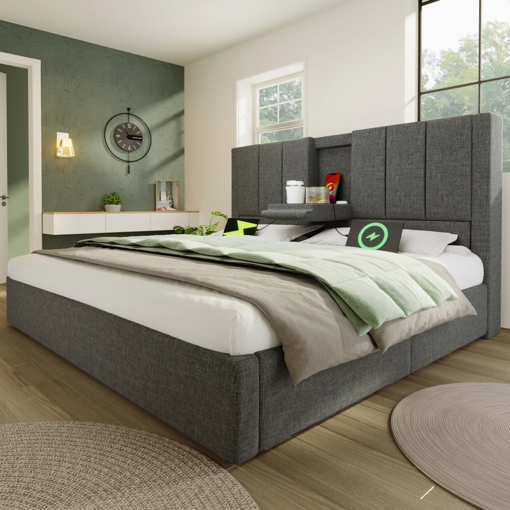 LETTO Contenitore 140x190 cm Grigio in lino con USB e portabicchieri