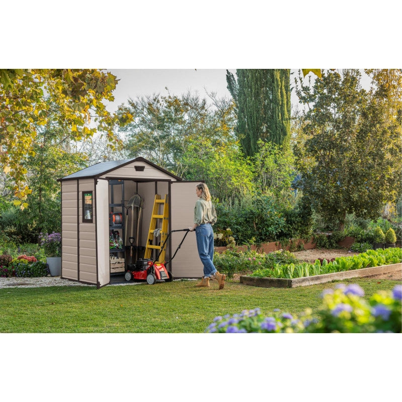 Casetta da giardino in resina effetto legno 185x152 cm - pavimento e doppia porta, porta lucchettabile - Beige – Keter