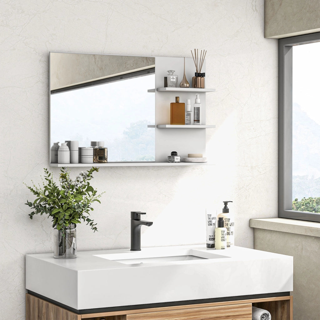 Specchio Bagno con Ripiani Laterali e Inferiore ¨C zephmum ¨C MDF Vetro Bianco 75x10x48 cm