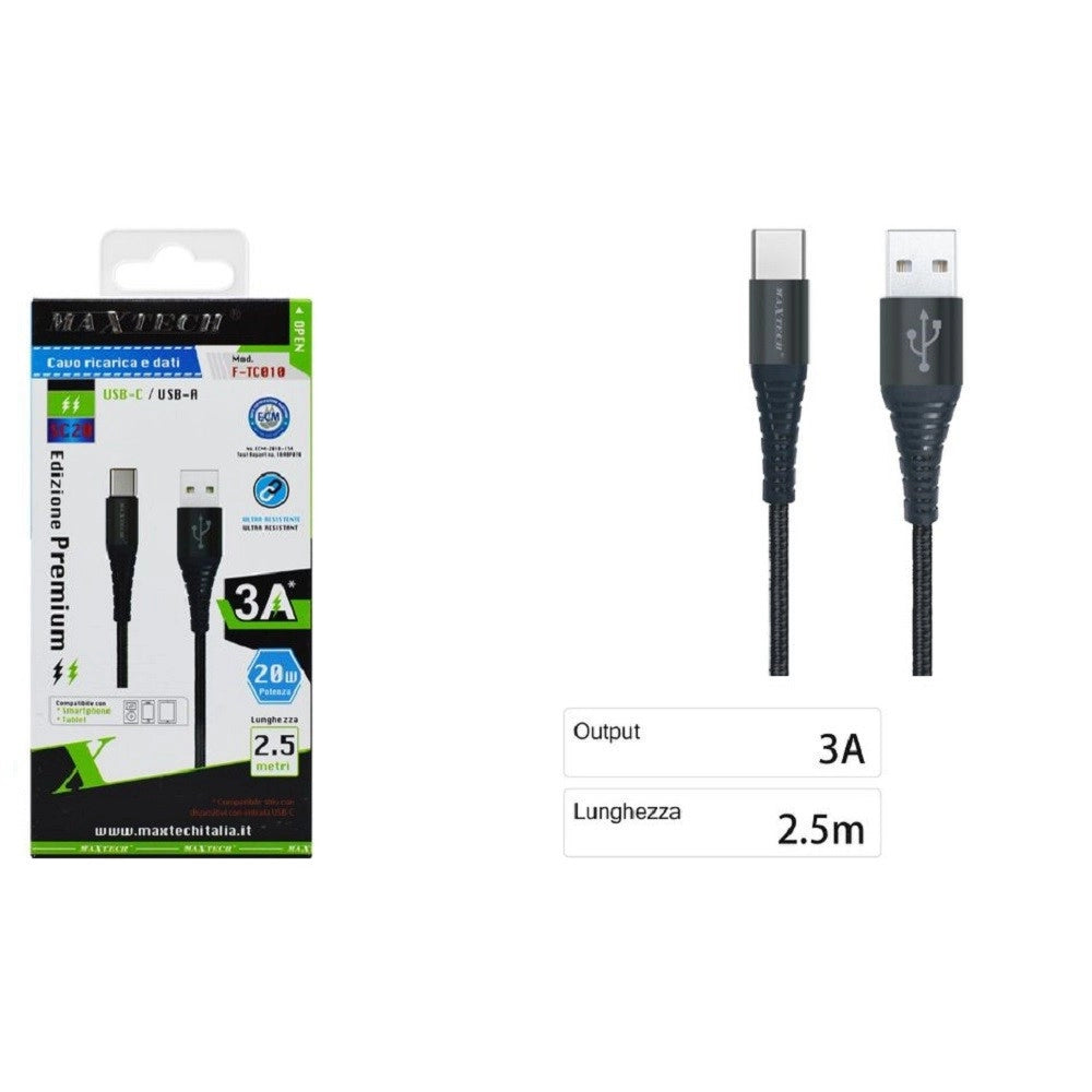 Trade Shop - Cavo Usb Type-c Ricarica Veloce 3a 2.5 Metri Trasferimento Dati Maxtech F-tc010 -