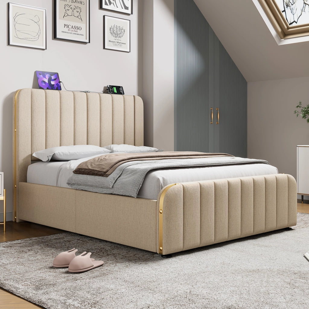 LETTO matrimoniale contenitore 140x200 cm beige in lino con USB e Type-C