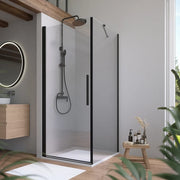 Box doccia 70x80cm con apertura a battente e parete fissa, profili nero opaco e vetro da 6mm trasparente h195 | Elba