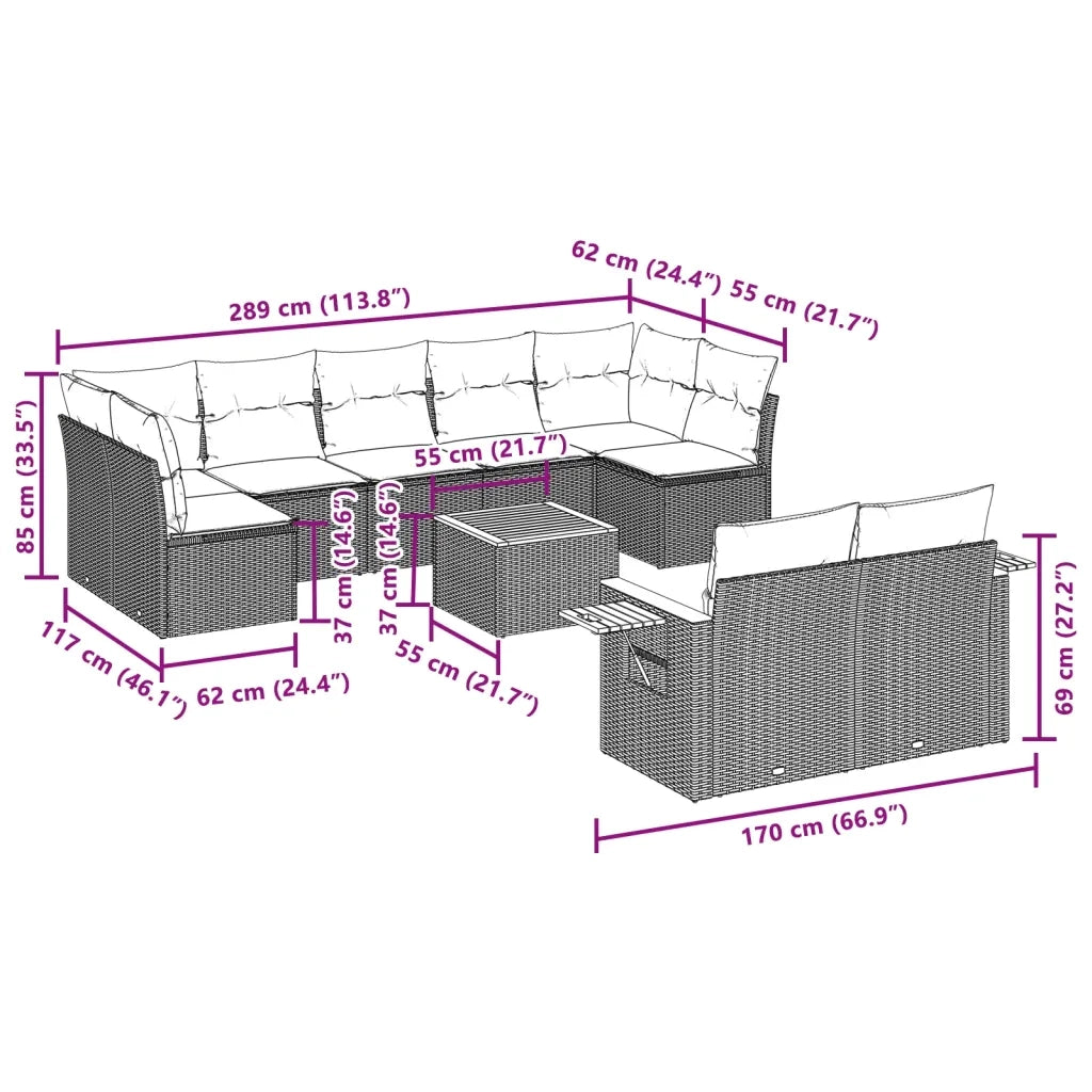 Set Divani da Giardino 10pz con Cuscini in Polyrattan Nero 3259536