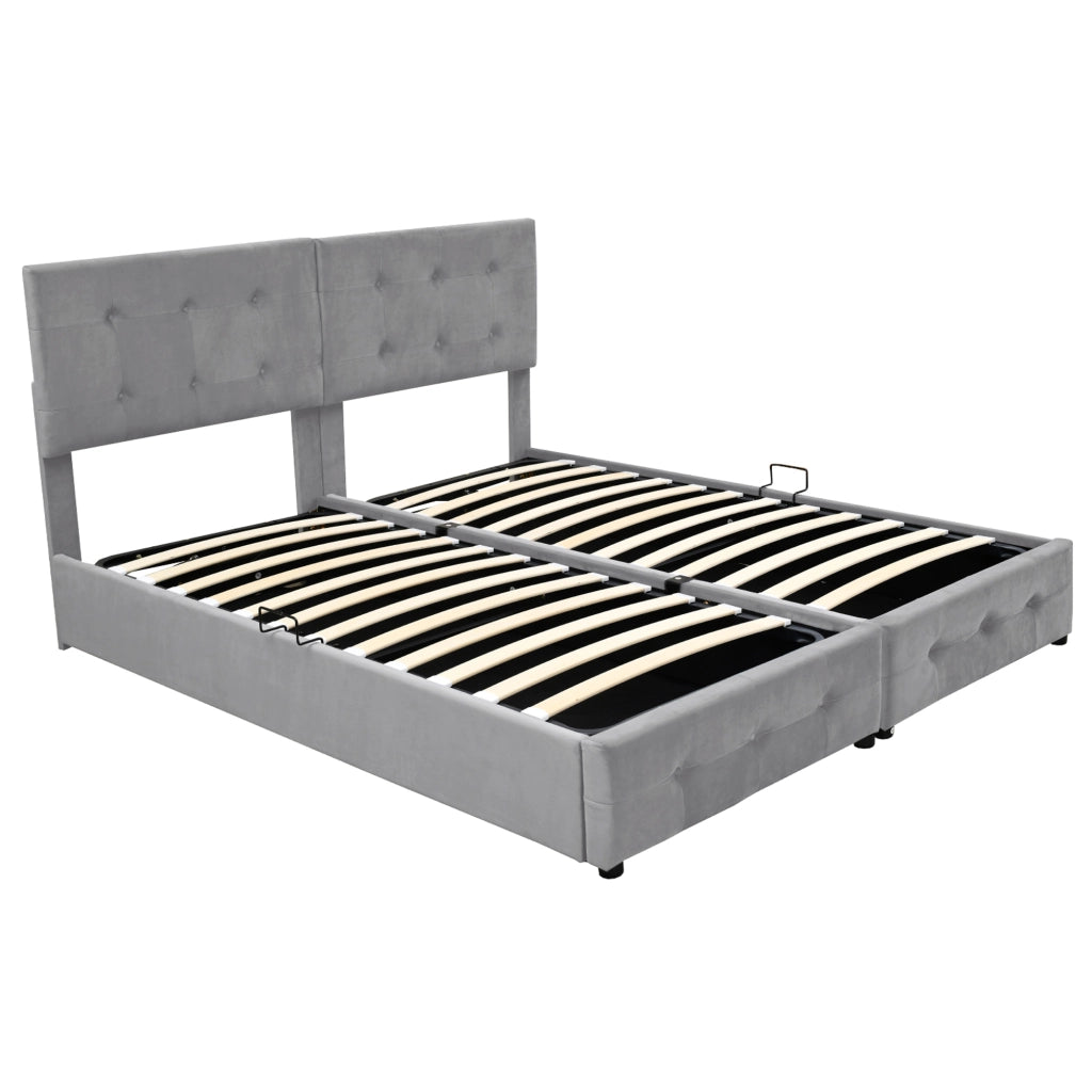 Letto imbottito idraulico 180x200 cm con contenitore, trasformabile in 2 letti singoli, in velluto grigio