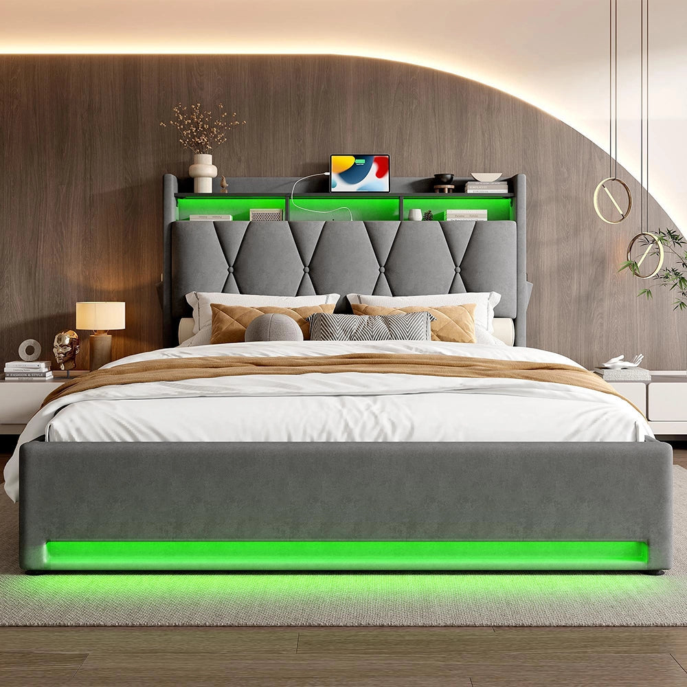 Letto 140x200cm imbottito - Xylo - grigio USB-C idraulico LED