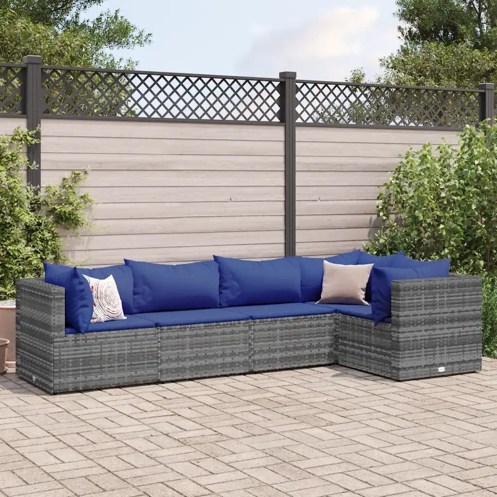 Set Divani da Giardino 5 pz con Cuscini in Polyrattan Grigio