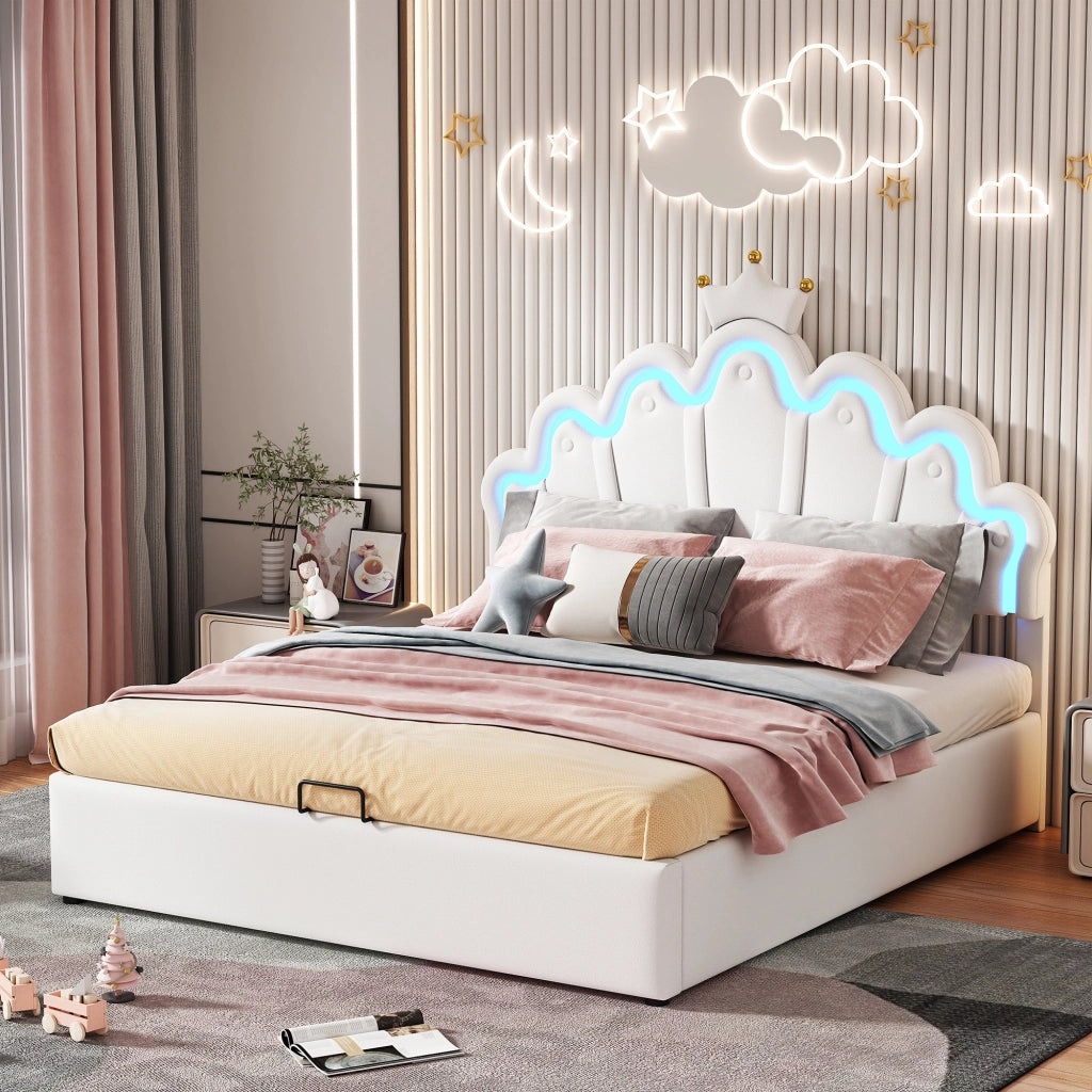 DESMIU Letto contenitore 140 × 200 cm 2 posti con LED regolabile e vano idraulico, senza materasso, PU bianco
