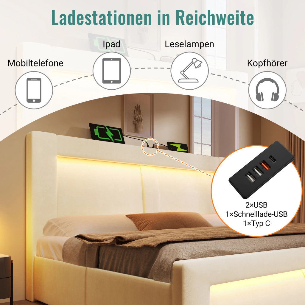 LETTO Singolo 90x200 cm in velluto beige con LED e porte USB/Type-C