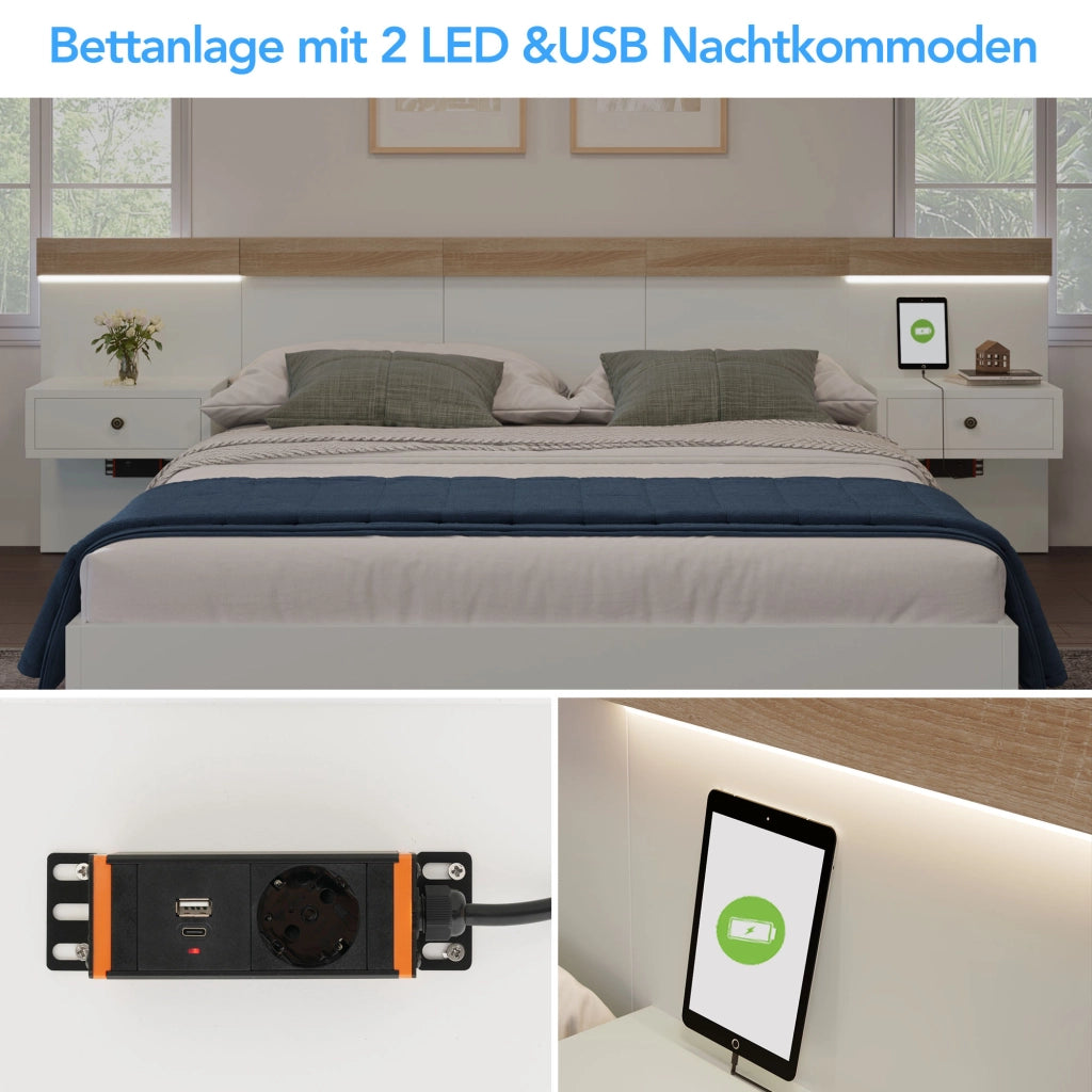 LETTO 140x200 cm con 2 comodini LED, USB/Tipo C, Bianco e Rovere Sonoma
