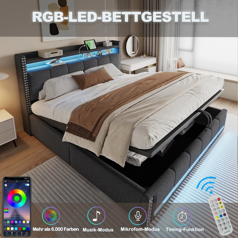 Letto matrimoniale - Xylo - 180x200 cm LED lino grigio