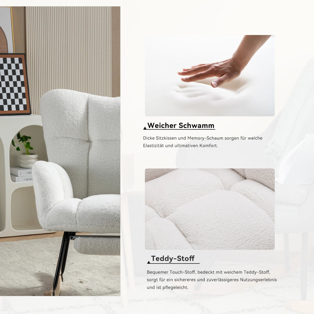 Poltrona a Dondolo Imbottita con Poggiapiedi ¨C MINIMAL ¨C Tessuto Boucl¨¦ Bianco