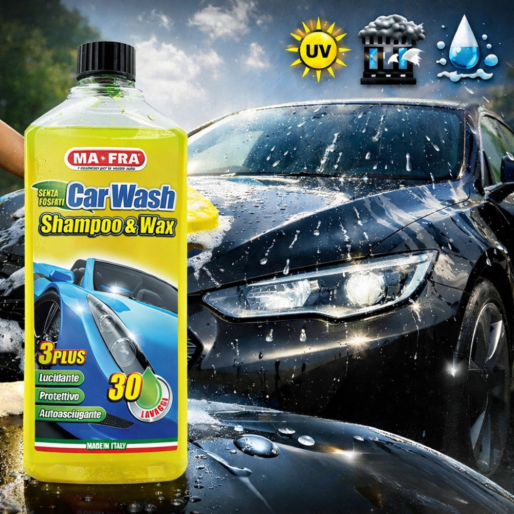 Kit lavaggio auto mafra con shampoo, guanto double face e guanti da lavoro