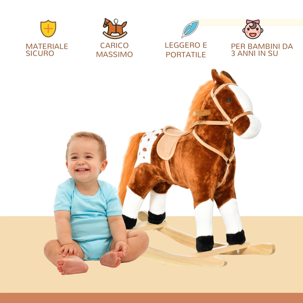 EasyComfort Cavallo a Dondolo in Legno con Suono Animale Regalo Giocattolo per i Bambini, 74 x 28 x 65 cm, Marrone