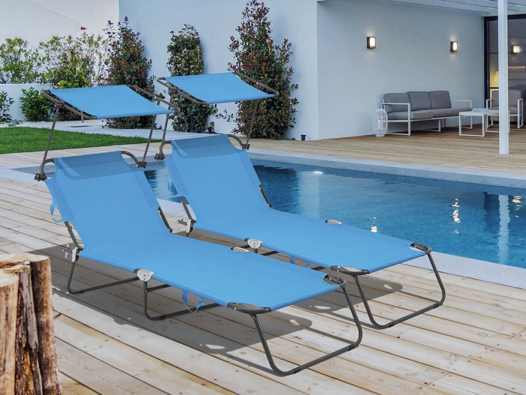 Set di 2 lettini prendisole pieghevoli "Lazy" - Con parasole - Blu