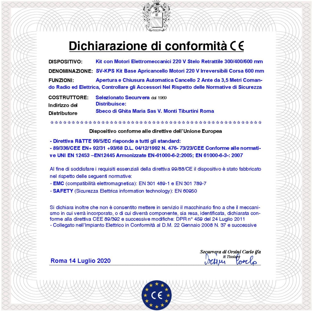 Cancello Elettrico da 7 Metri Kit Ricambio per Automatismo 2 Ante da 3,5 MT 2 Motori Elettromeccanici 230 V Stelo Retrattile Autobloccante Corsa 600 mm Spinta 250 Kg Centrale di Comando Con Radio