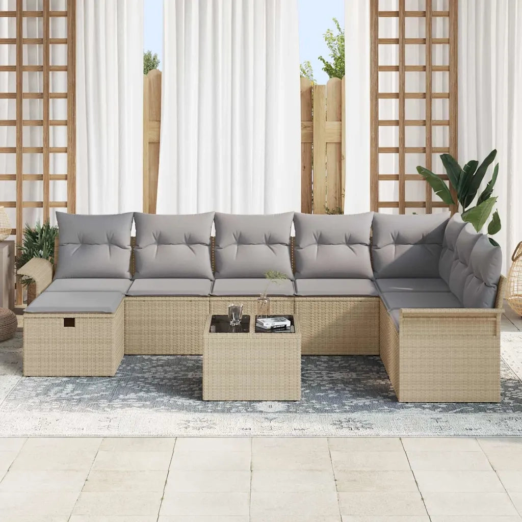 Set Divano da Giardino con cuscino 9 pcs Beige Poly Rattan