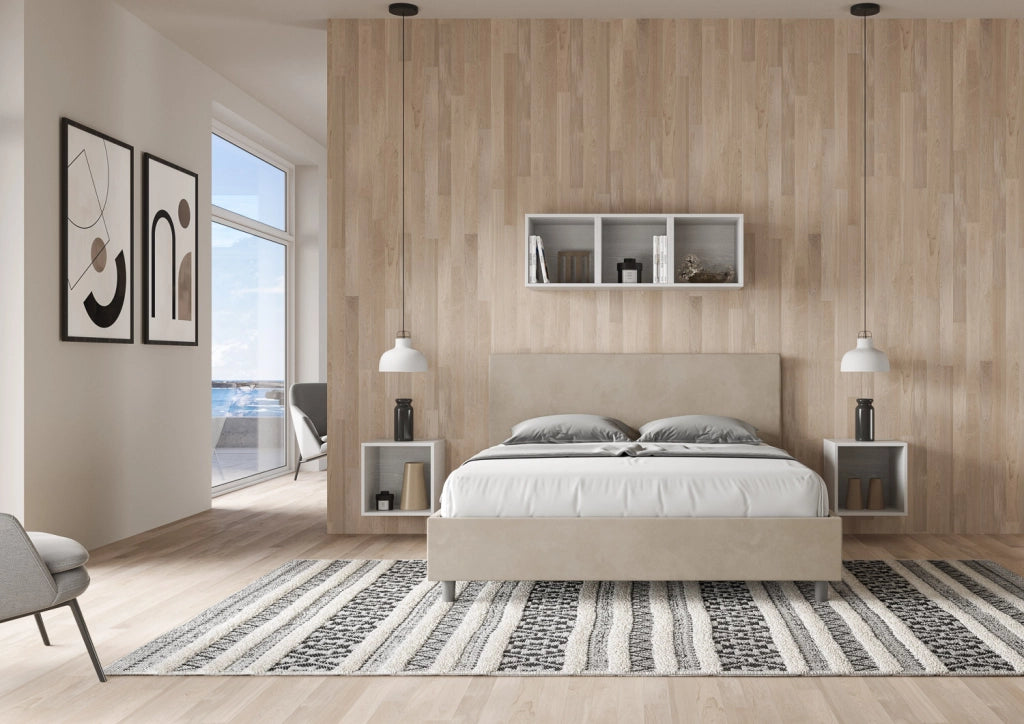 BS COM Letto matrimoniale king size con rete imbottito 170x190 microfibra sabbia