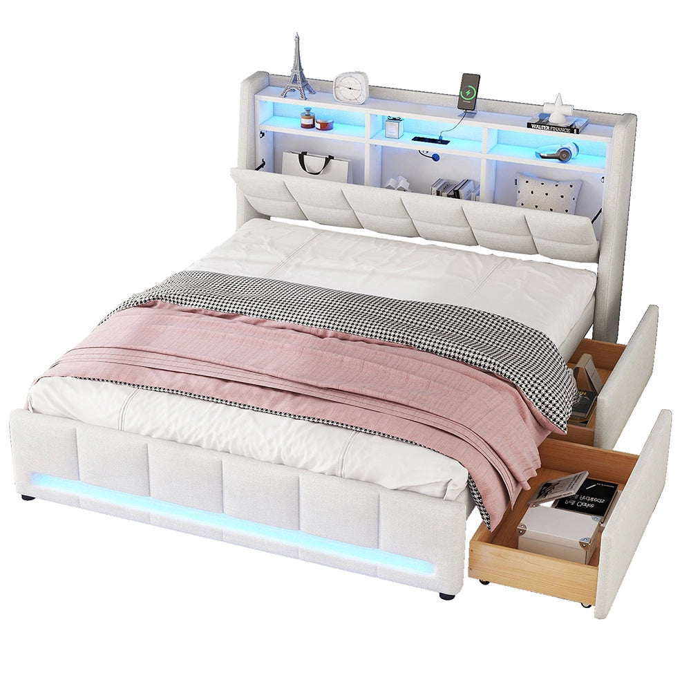 Letto con cassetti - Xylo - 140x200 cm - Lino Beige - Luci ambientali telecomando USB