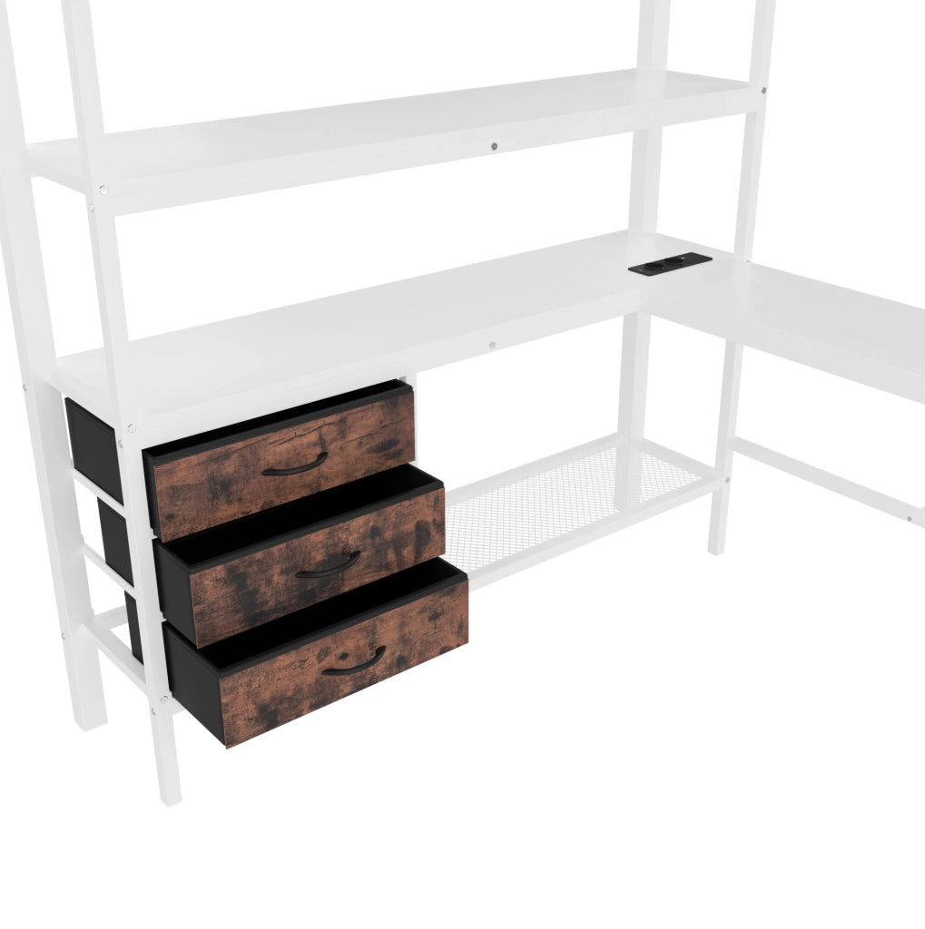 Letto a soppalco 140x200 cm con scrivania, LED, cassetti e presa USB
