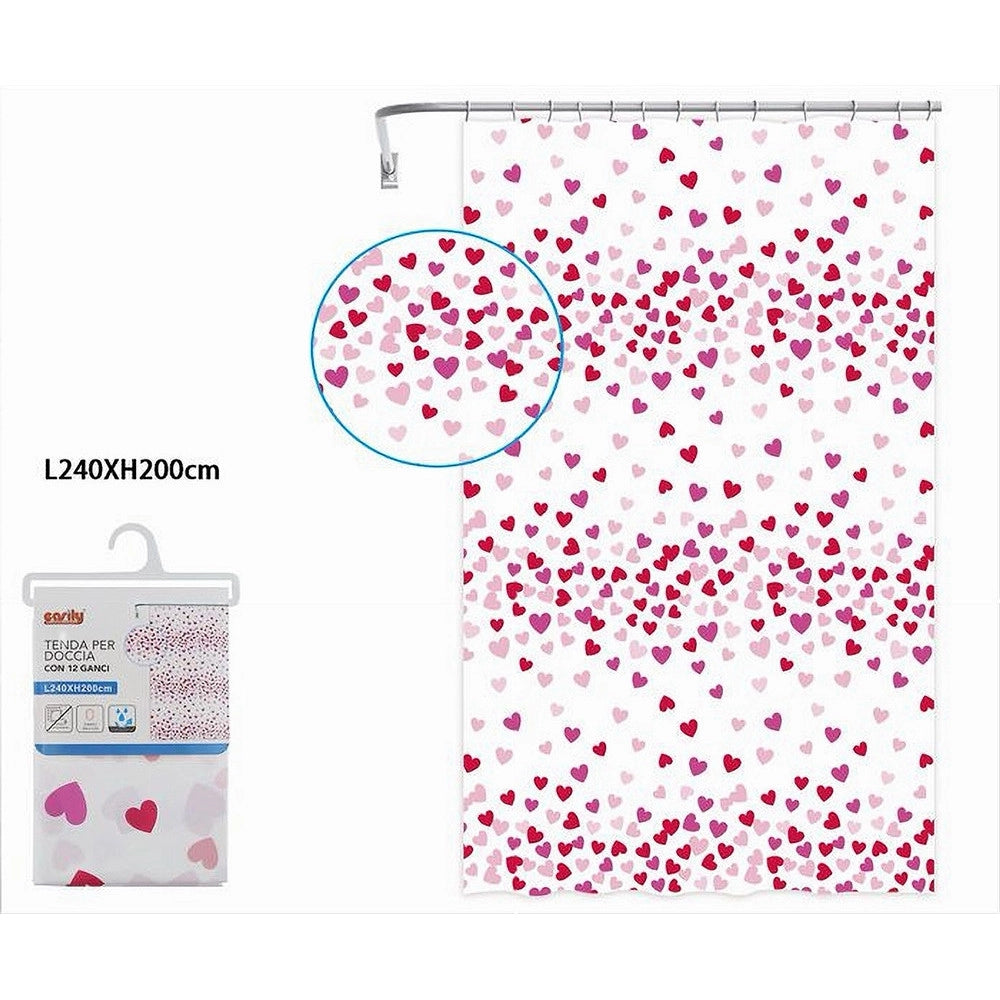 Trade Shop - Tenda Doccia Vasca Bagno 12 Ganci Impermeabile Cuori Rossi Rosa 240x200cm 87562 -