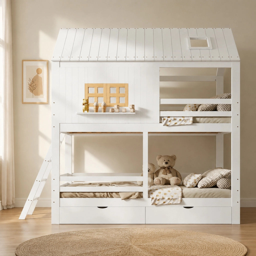 Letto a castello per bambini con finestre, tetto e due cassetti