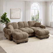 Divano angolare a U 3 posti con pouf mobile e 2 cuscini, Chenille, Marrone