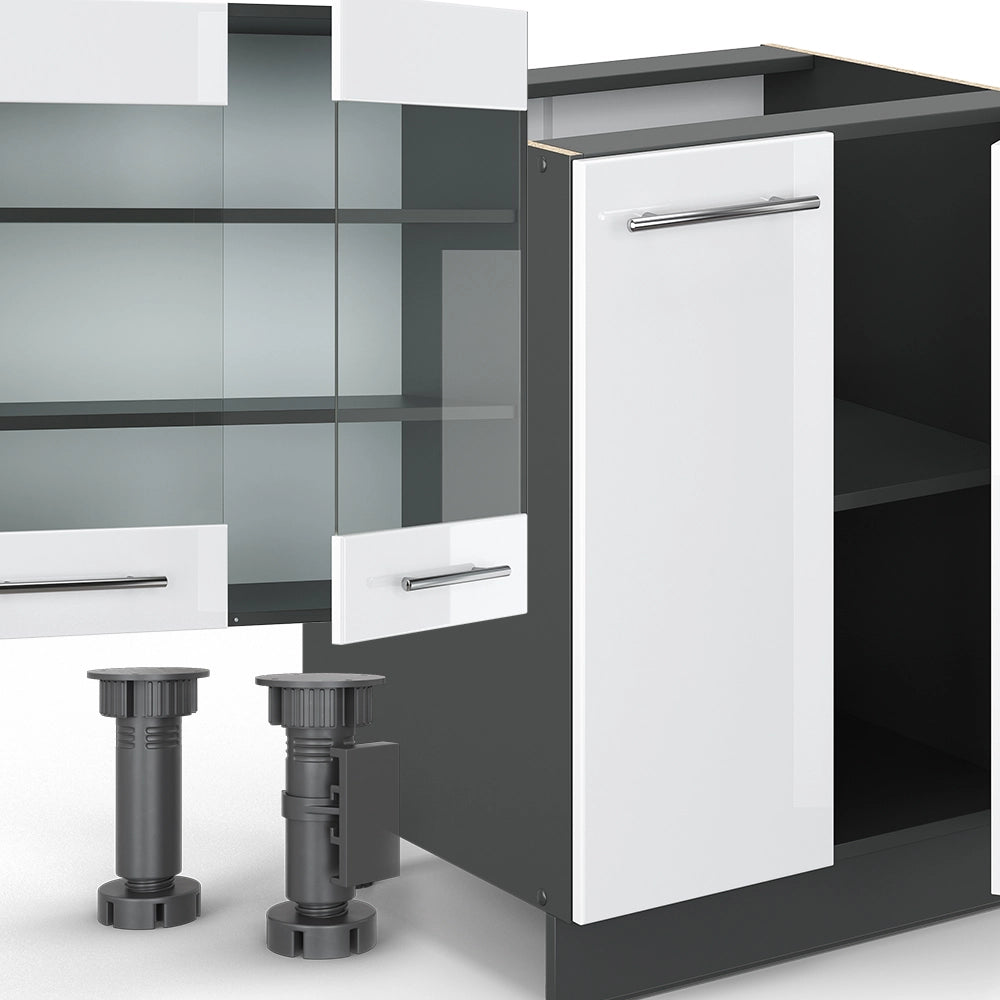 Cucina componibile Fame-Line Bianco lucido/Antracite 300 cm con armadio alto, senza piano di lavoro Vicco