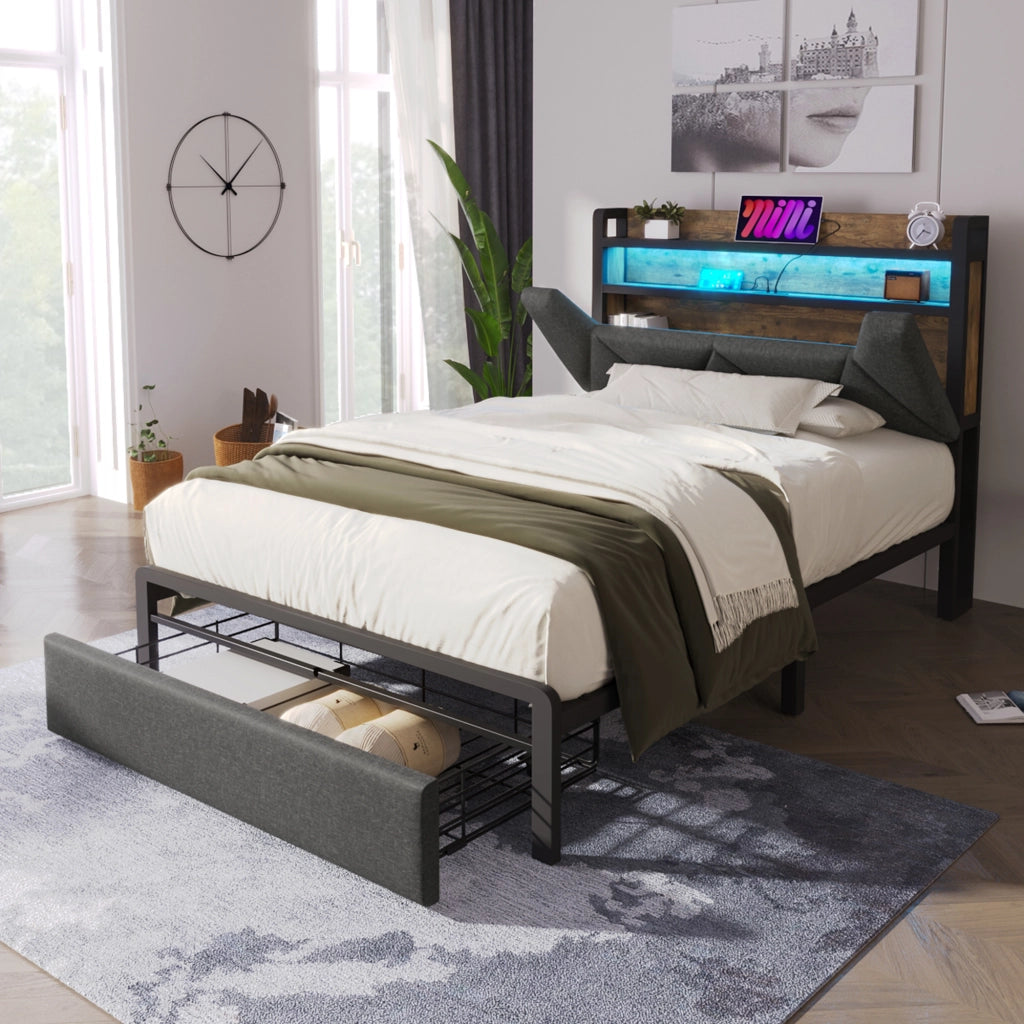 LETTO 90x200 cm in lino grigio con testiera contenitore, LED e cassetti