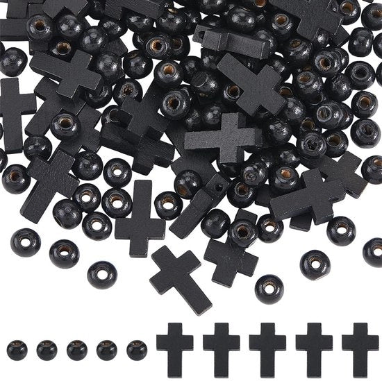 Set di 200 piccole strisce di legno a croce, rosario, kit di attrezzi, 8 mm, nero, piccoli attacchi a croce, per gioielli da fai da te, rosari, bracciali, collane