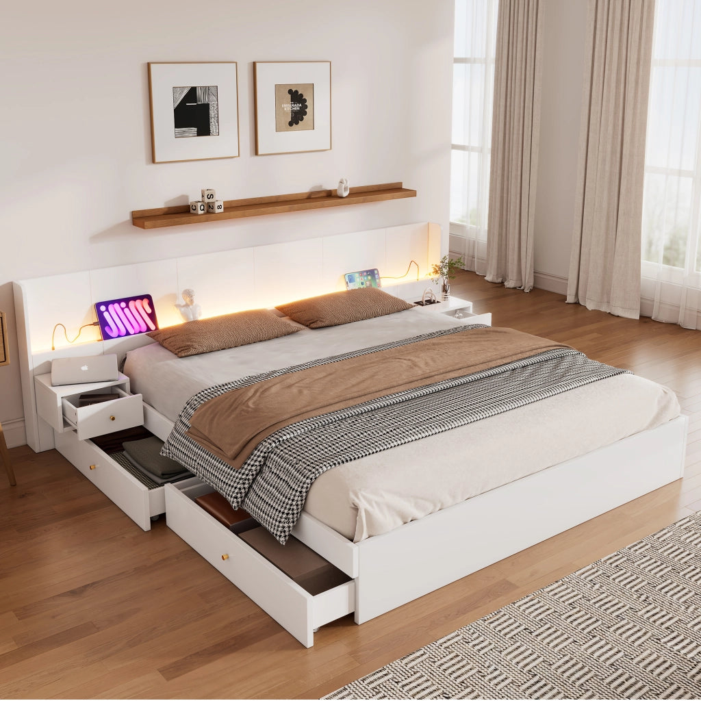 LETTO Matrimoniale 180x200 cm MDF Bianco con USB, LED, 2 comodini e cassetti