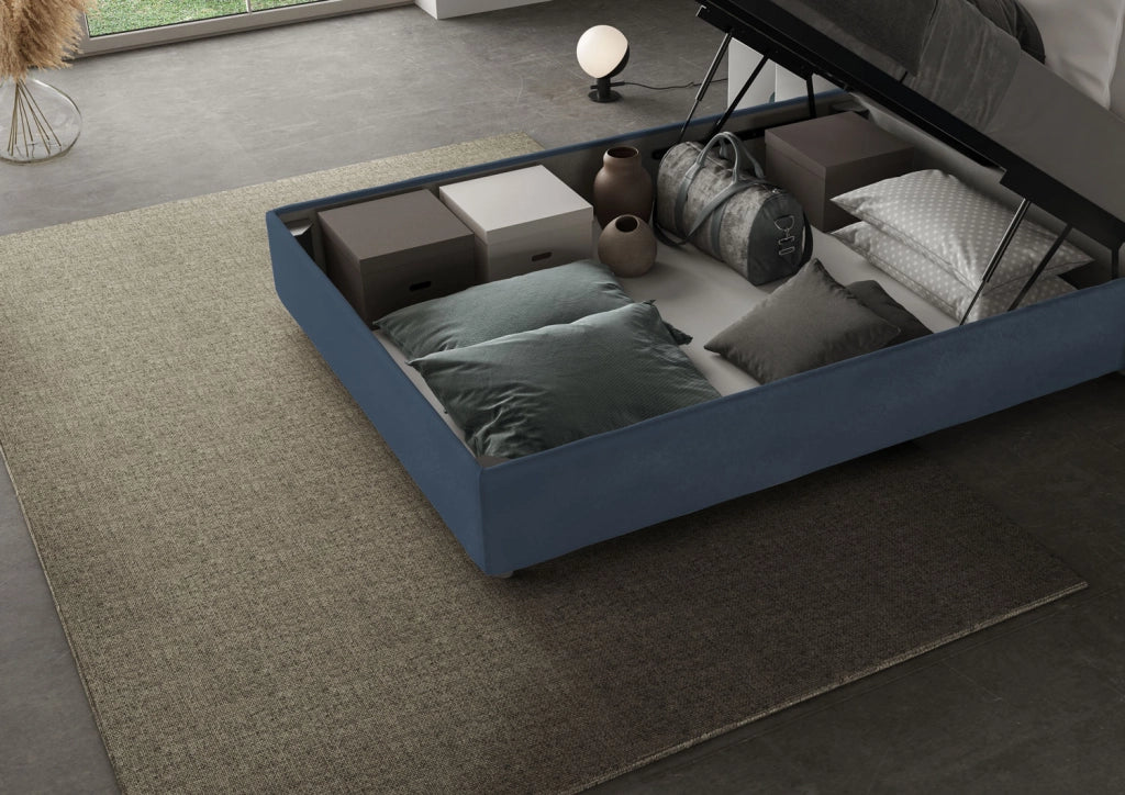 BS COM Letto matrimoniale francese contenitore imbottito 140x190 microfibra blu Large