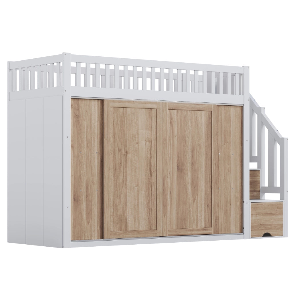 LETTO a soppalco 90x200 cm con armadio e scala, Bianco e Rovere