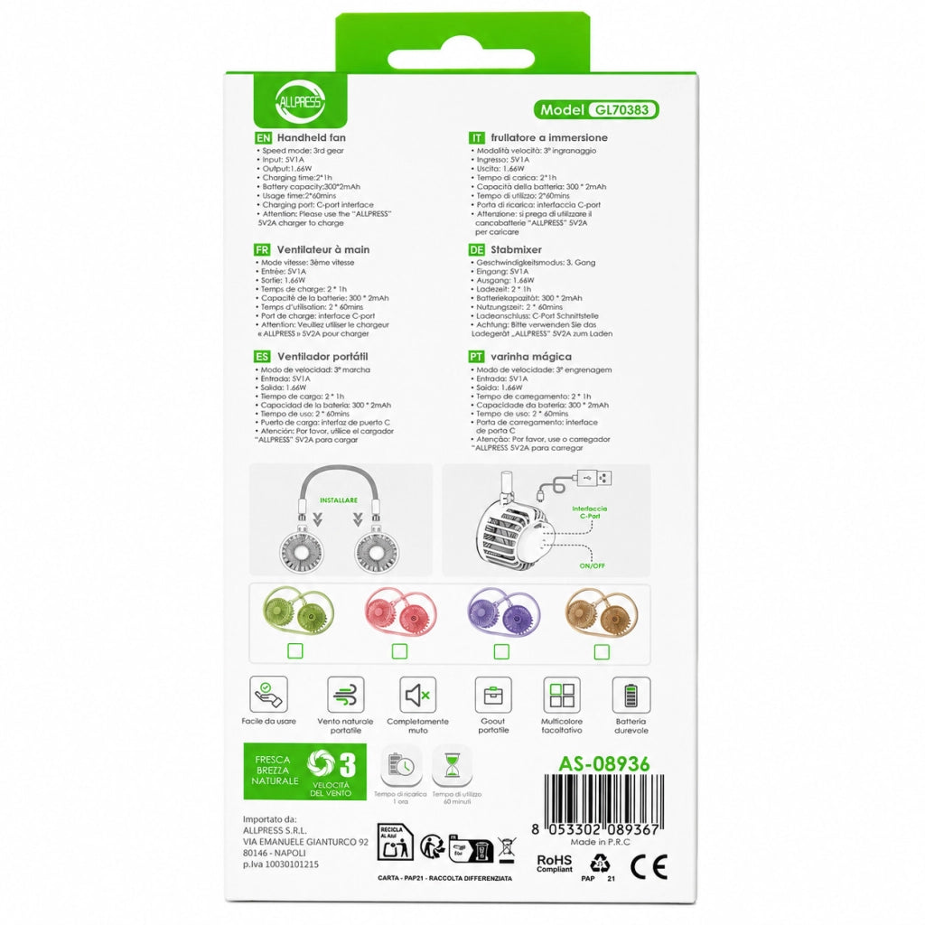 VENTILATORE COLLO SENZA PALE PORTATILE RICARICABILE SPORT 3 VELOCITÀ AS-08936