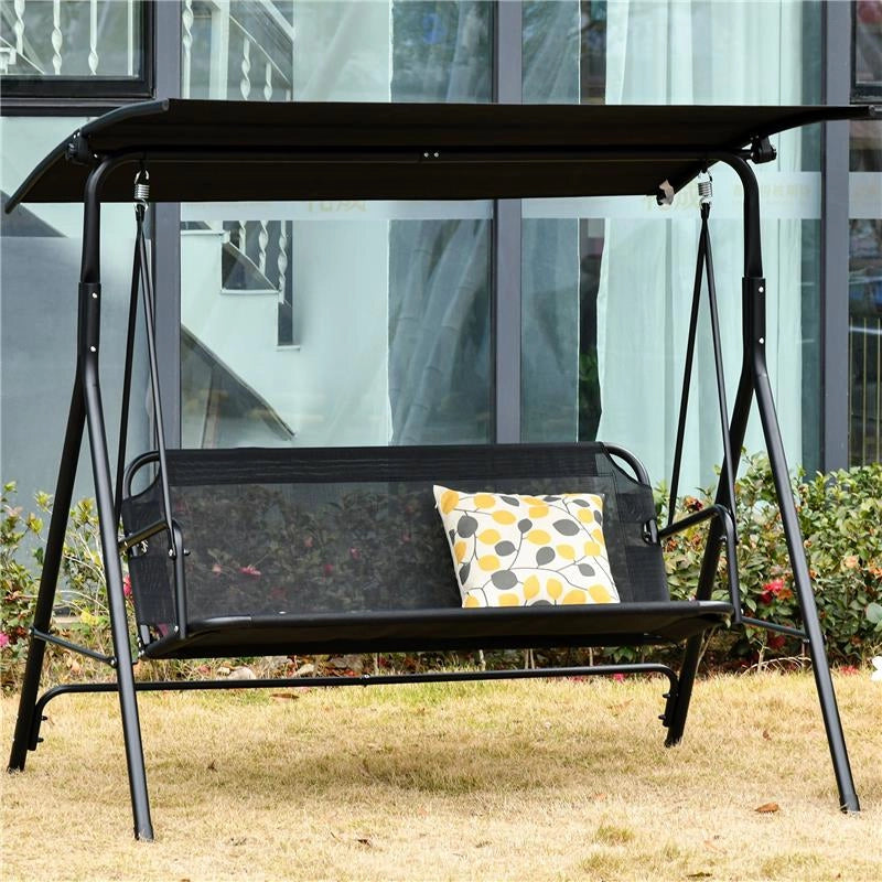 DONDOLO DA GIARDINO TERRAZZA 3 POSTI CON TETTUCCIO PARASOLE REGOLABILE, METALLO E TEXTILENE NERO 172X110X155CM