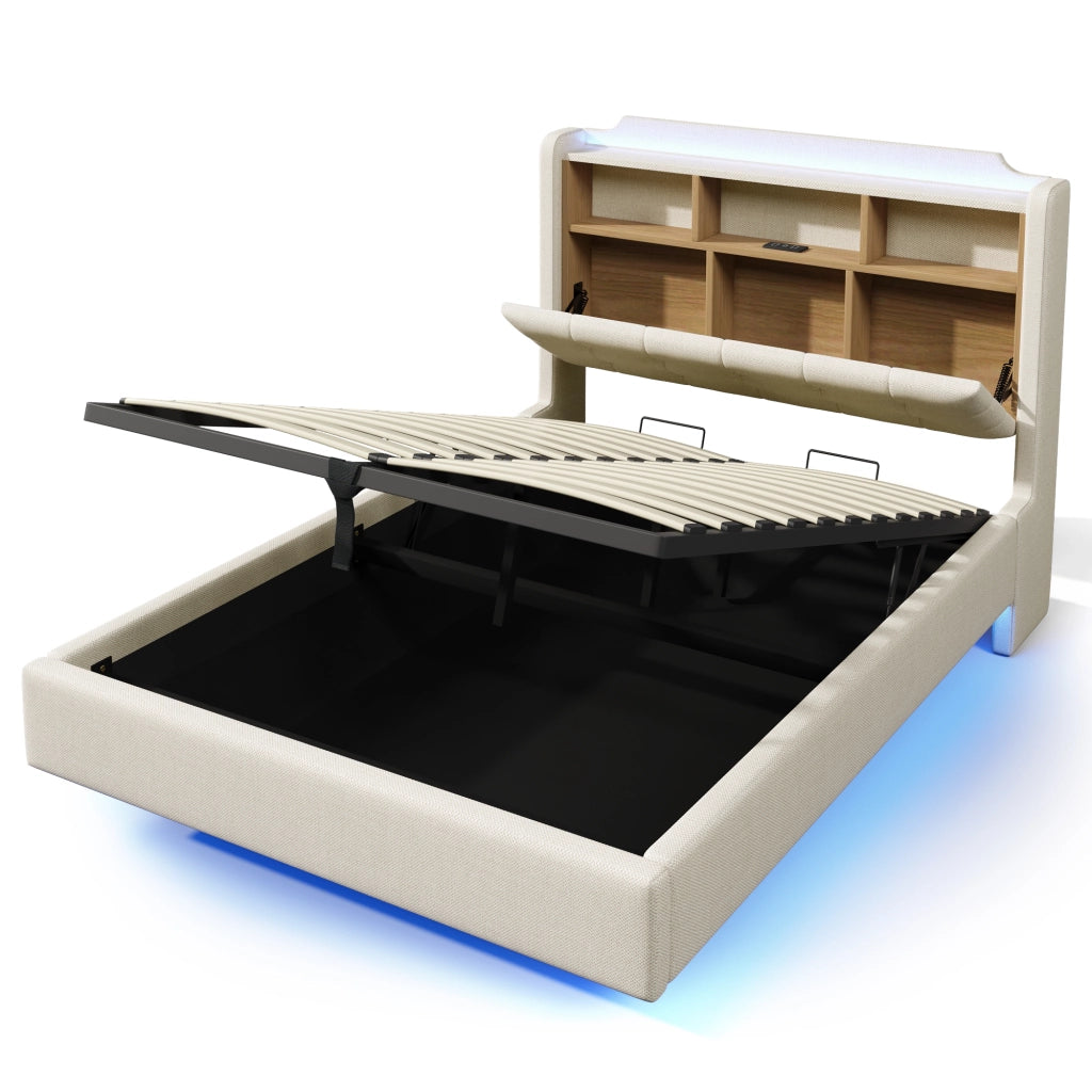 Letto imbottito 140x200 cm con LED, vano contenitore idraulico, USB e Type-C, beige