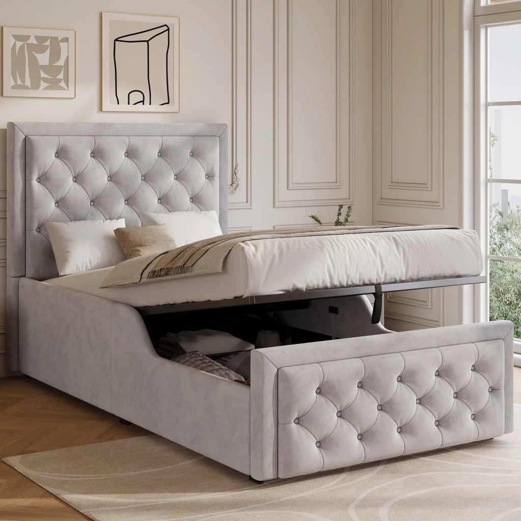 LETTO imbottito 90x200 cm con contenitore idraulico, velluto grigio