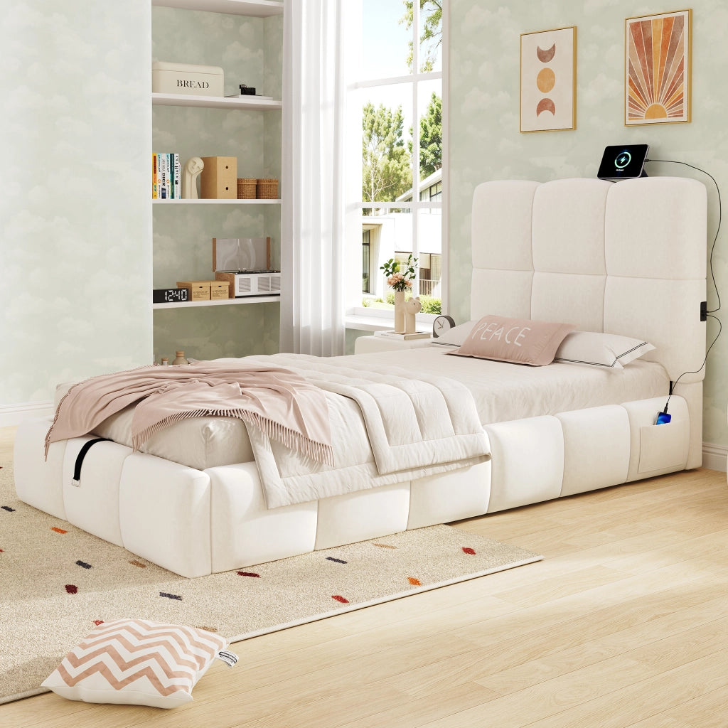 Letto imbottito 90 x 200 cm, letto per bambini, con vano portaoggetti, presa di ricarica USB, velluto, beige