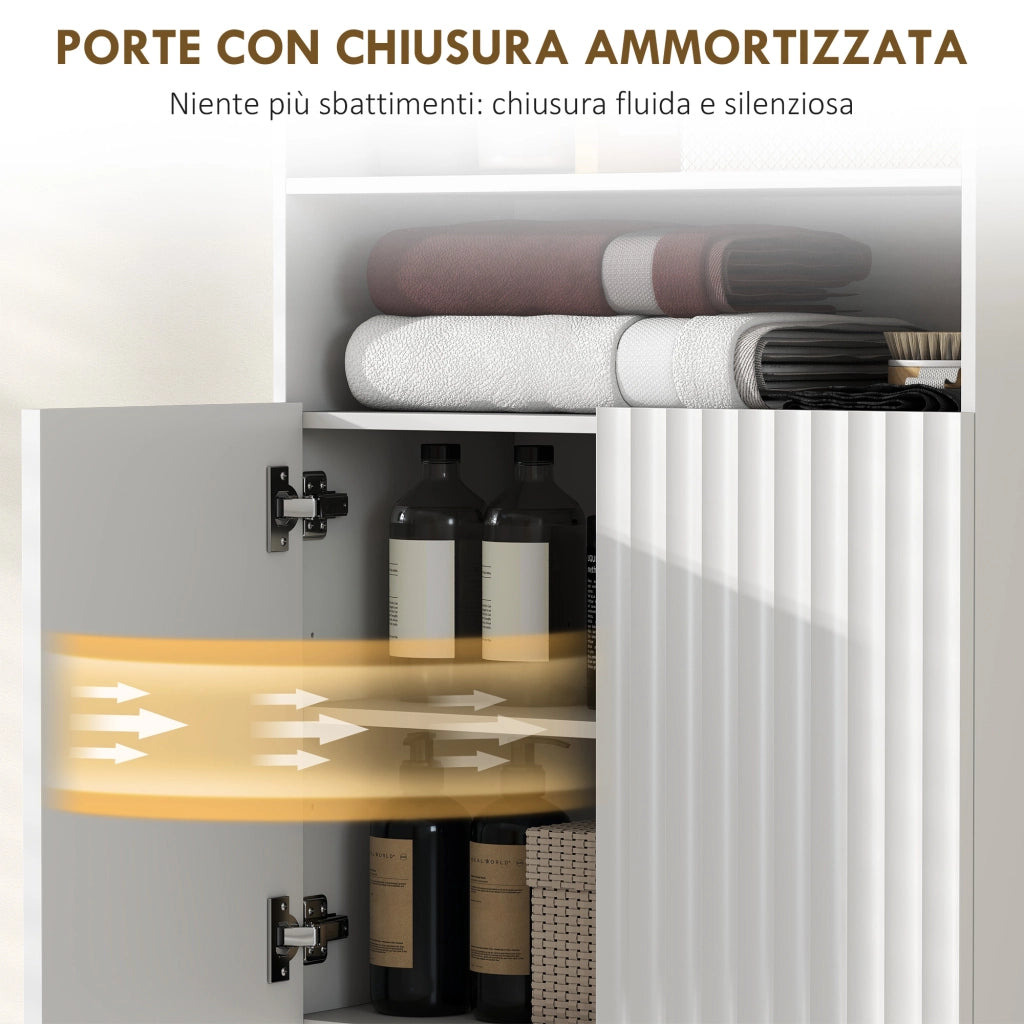 Mobiletto Bagno Moderno 60x31,8x93 cm con 2 Ripiani Aperti e Armadietto con Ante Ammortizzate in MDF Bianco