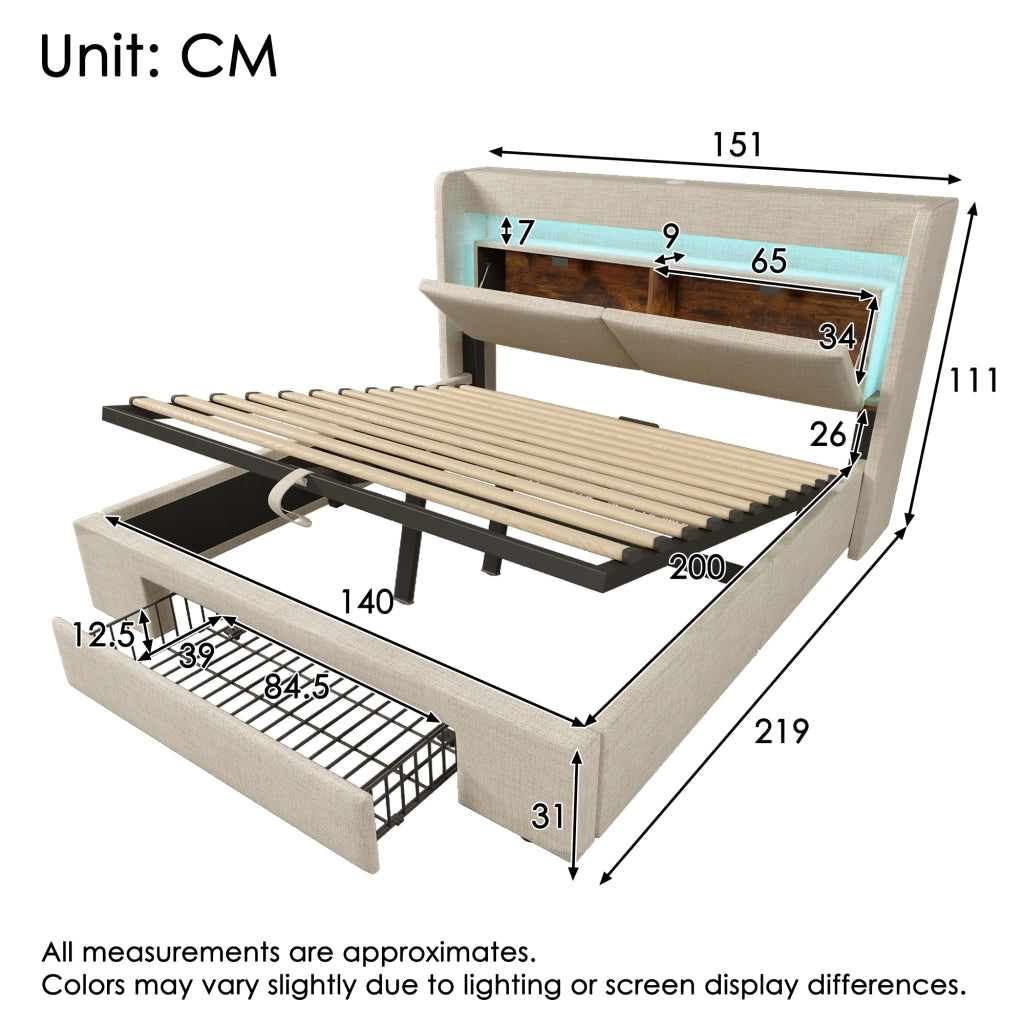 LETTO Contenitore idraulico 140x200 cm Beige in lino con LED e USB-C