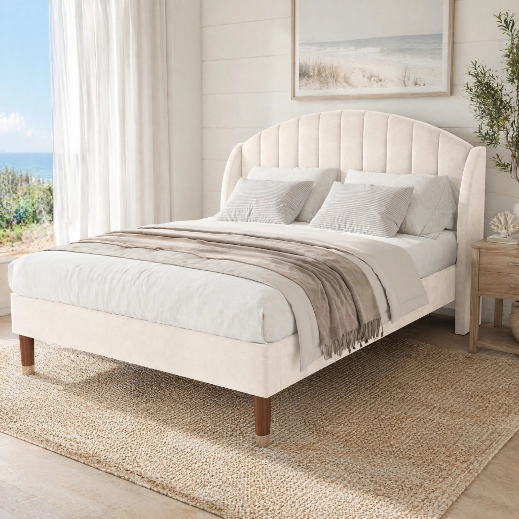 LETTO Imbottito 140x190 cm in Velluto Beige con testiera e rete a doghe