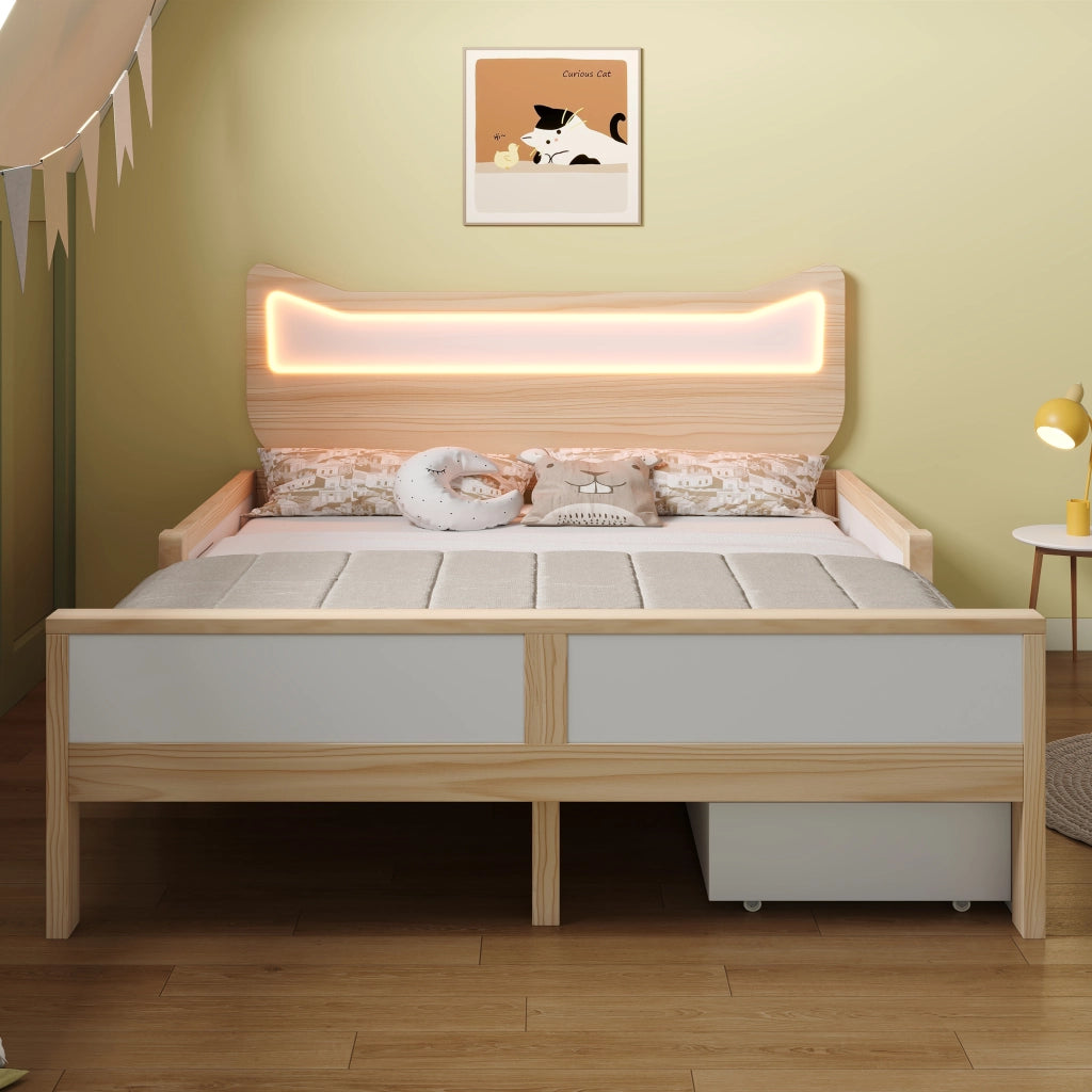 Letto per bambini con orecchie da gatto - Zephmum- 140¡Á200 cm - LED RGB - Bianco e quercia