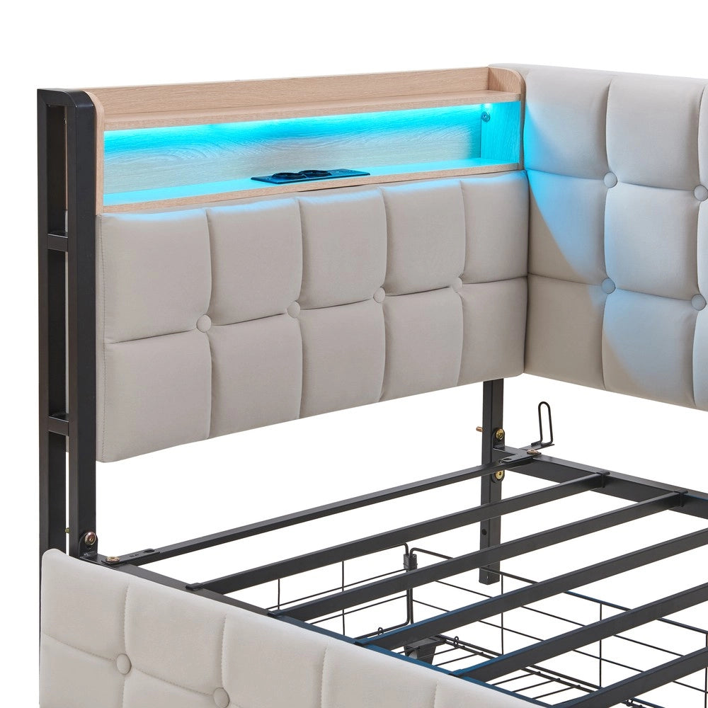 Letto Singolo Imbottito con Cassetti e LED ¨C MINIMAL ¨C Beige 90x200