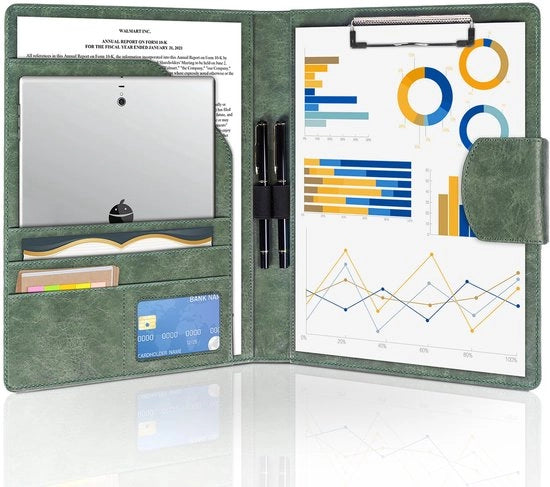 Portafoglio A4 con copertina in PU, scrivania con tasche per documenti, pen holder e chiusura magnetica per ufficio e conferenze (verde scuro)